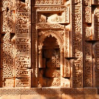The Mehrab arch and its surrounding ornamentation has beautiful carvings from Hindu and Jain temples juxtaposed with Islamic calligraphy. It is part of Jami Masjid, built in 10th century CE.